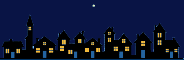 Illustration: Eine schwarze, stilisierte Silhouette einer kleineren Stadt mit hell erleuchteten Fenstern. Darüber ein dunkelblauer Himmel mit einem einzelnen kleinen Stern ganz oben in der Mitte.